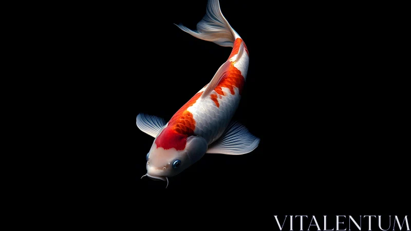 Elegant koi fish with red and white scales on black background.