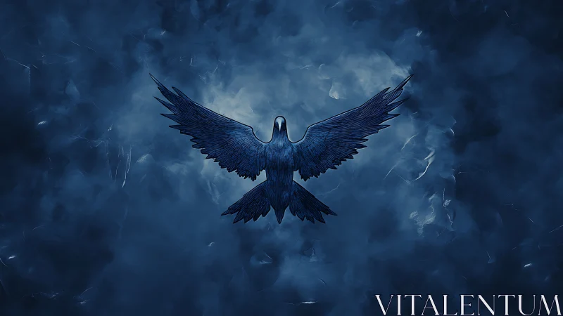 Majestic Blue Bird Soaring in Abstract Misty Night Digital Art.
