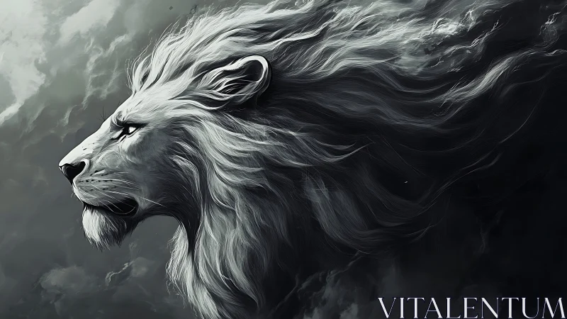 Monochrome lion profile with dynamically rendered flowing mane