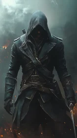 Hooded rogue in dark leather coat amid smoke and sparks.