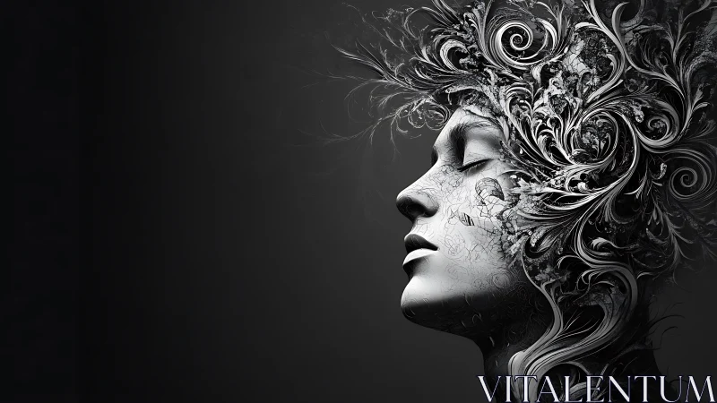 Surreal monochrome face merges with ornate swirling foliage
