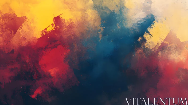 Vivid Abstract Painting with Bold Red, Yellow, and Blue Brushstrokes.