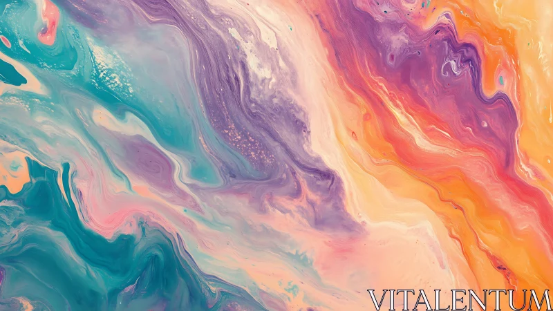 Fluid abstract composition shows layered teal, violet, orange fields