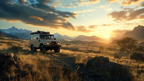 Sunlit off-road adventure explores a wide golden valley