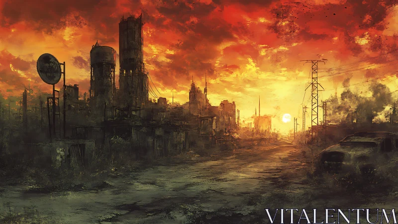Burned sky glows over a silent post apocalyptic city street