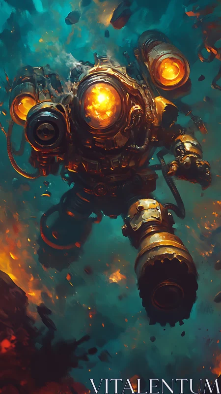 Heavily armored mech descends through debris in teal void