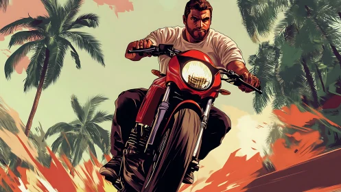 Motorcycle rider charges through tropical jungle road.