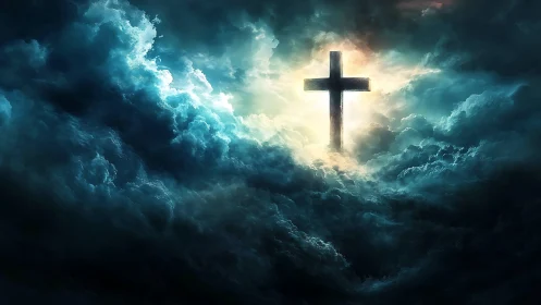 Cross stands in bright light opening within dense storm clouds