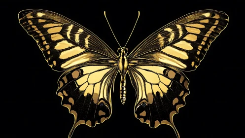 Golden butterfly illustration spans wings over black void