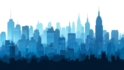 Layered blue city skyline with high-rise building silhouettes.