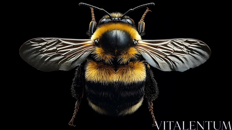 Bold bumblebee spreads shimmering wings against deep black