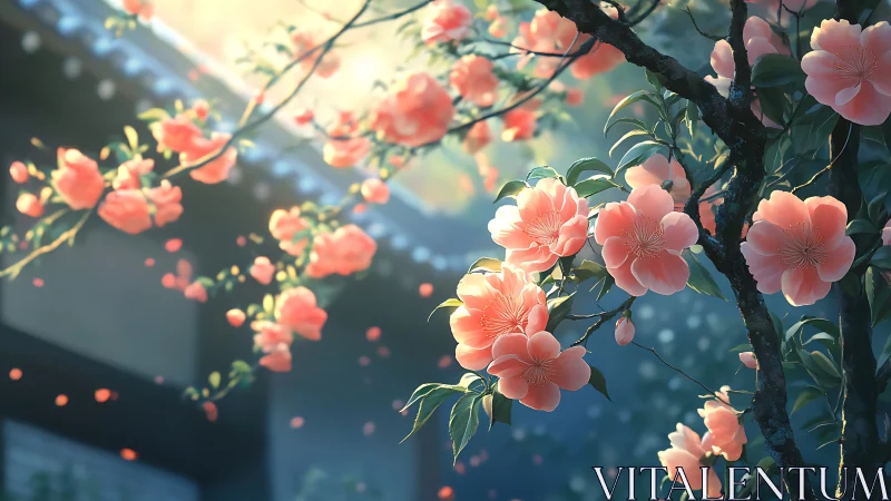 Soft morning light illuminates blooming peach blossoms