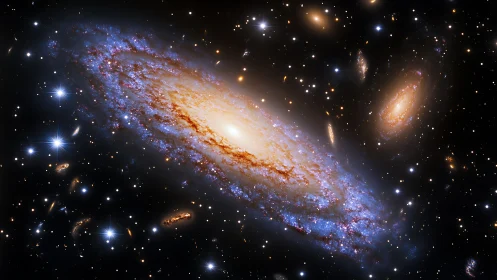 Spiral galaxy glows amid dense starfield and distant clusters.