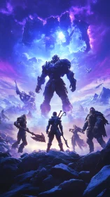 Epic fantasy warriors face colossal armored titan under rift sky.