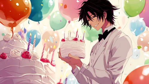 Anime Birthday Celebration: Male Character in Formal Attire with Festive Backdrop.