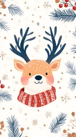 Vector-style winter reindeer portrait with stylized botanicals.