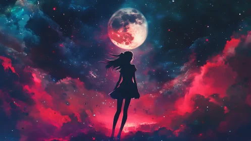 Silhouette girl stands under large moon in glowing sky.