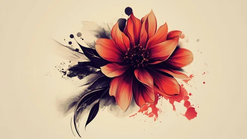 Red flower illustration with abstract ink splatter art