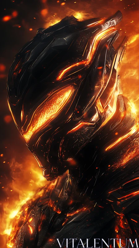 Molten alloy cybernetic warrior in high-contrast infernal glow