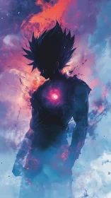 Silhouetted energy warrior stands in nebular plasma glow field