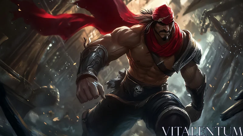 Battle-hardened warrior charges through ruined cityscape.