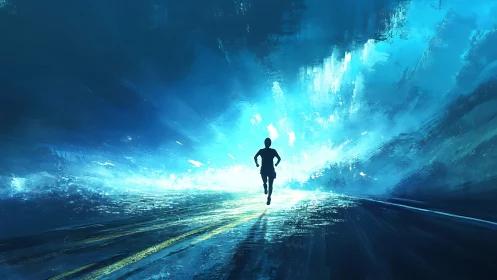 Racing toward radiant blue light on a dreamlike road