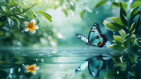 Blue butterfly near water with flower, nature macro photography style.