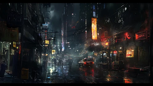Rain-soaked neon alleyway with dense cyberpunk nightlife glow.