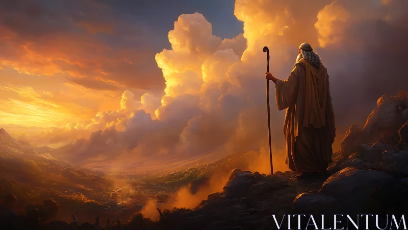 Shepherd of blazing dawn clouds atop a solemn mountain.