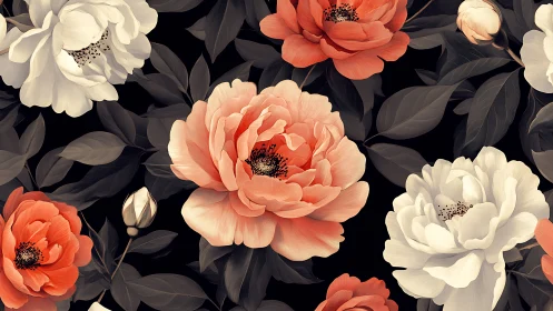 Luminous Garden Dance: Peonies Bloom Against Midnight Velvet