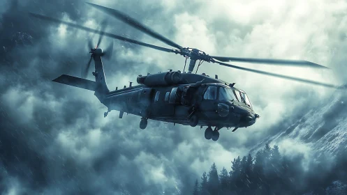 Military helicopter slices through storm above icy mountains.