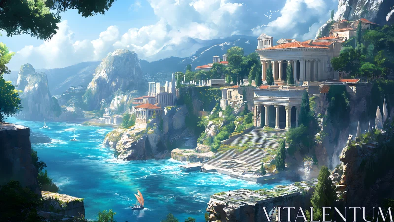 Sunlit cliffside temples above a myth-bright turquoise sea.