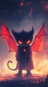 Fiery-eyed chibi demon cat stands amid swirling embers.