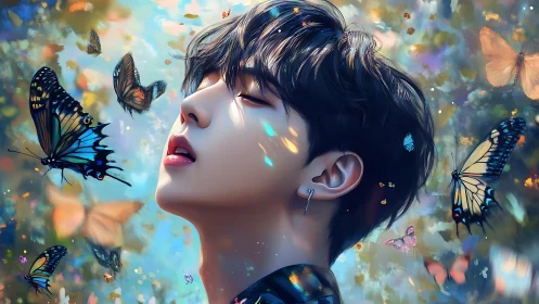 Young person surrounded by vivid butterflies in soft light.