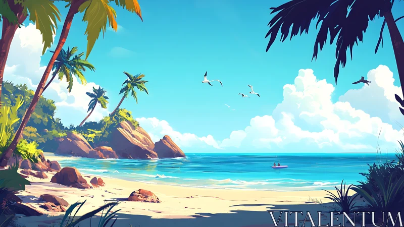 Tropical Coastal Landscape with Palm Trees and Rocky Outcroppings Rendered in Digital Illustration