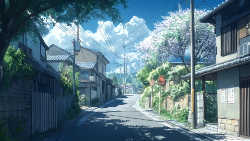 Sunlit hillside lane drifts through a quiet anime afternoon.