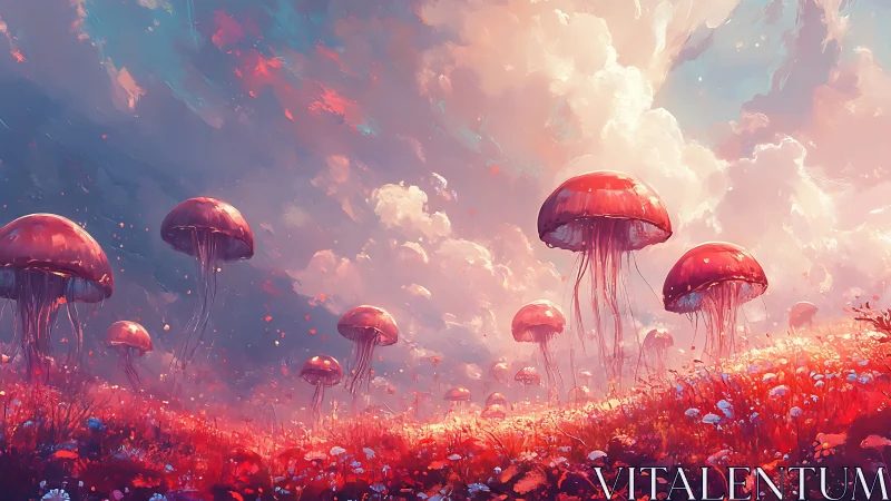 Skyward jellyfish drift over a blooming crimson dreamfield