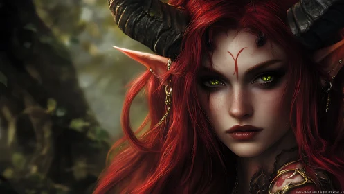 Fiery horned elf woman with glowing green eyes in forest
