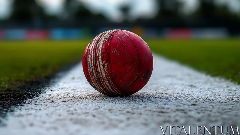 Weathered red cricket ball rests on boundary line with shallow DOF