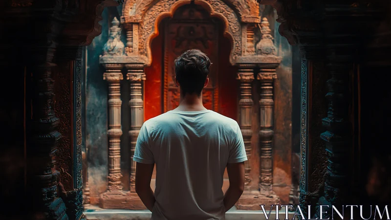 Young traveler faces ornate ancient temple doorway in silence.