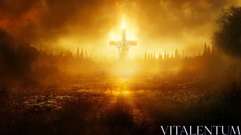 Luminous cross blazing over misty golden cityscape at dusk.