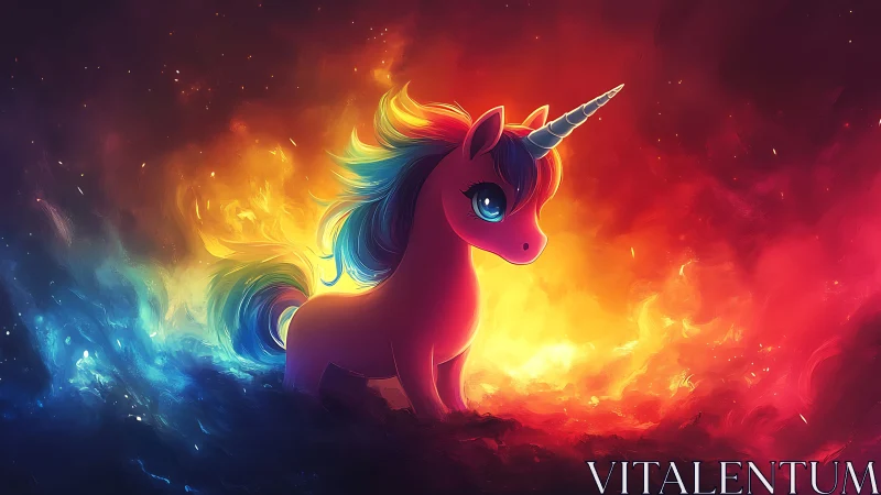 Vibrant baby unicorn stands within swirling fiery nebula