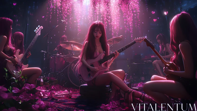 All-female anime band performing in pink lit floral stage.