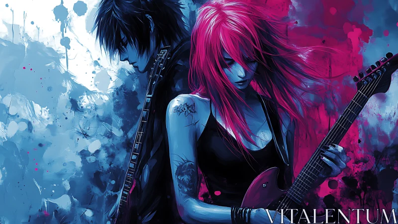 Neon punk guitarists against split blue and magenta haze.