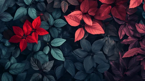 Red leaves contrast sharply against dark teal foliage background