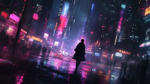 Neon city wanderer walks through glowing rainy streets