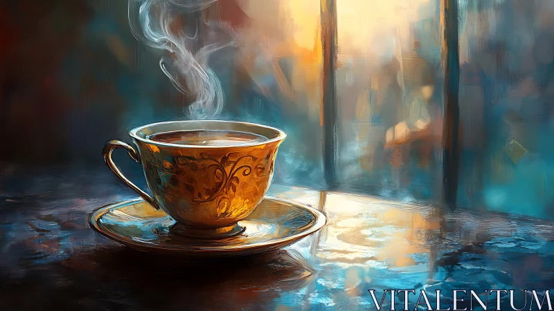 Golden teacup with steam on reflective table at window.