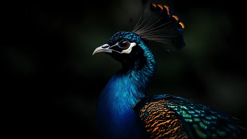 Vibrant Peacock Portrait with Dramatic Lighting in Dark Background.