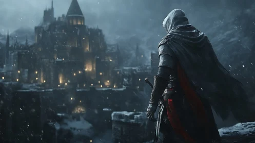 Hooded warrior studies a stormlit fortress before the assault.