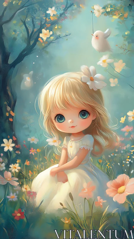 Blossom-eyed girl listening to whispering meadow birds.